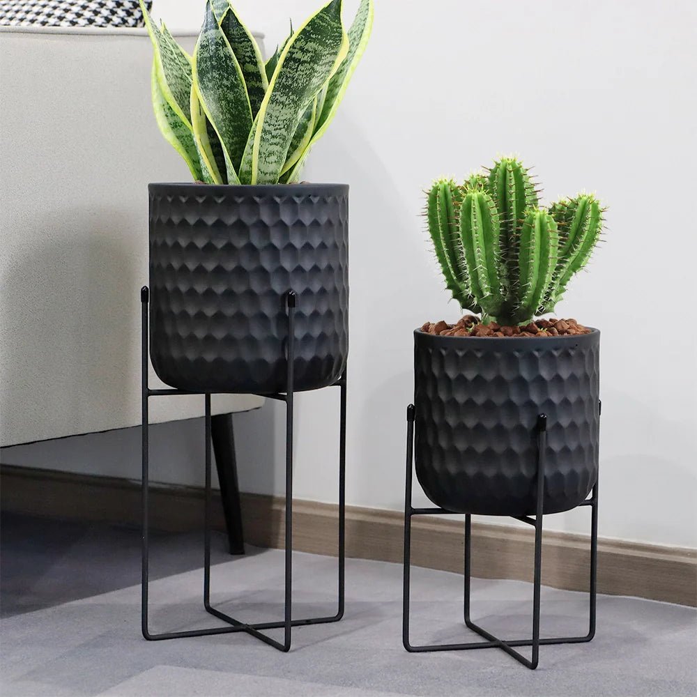Tall Metal Flower Pot With Stand (Black) - The Coral Palm LLC
