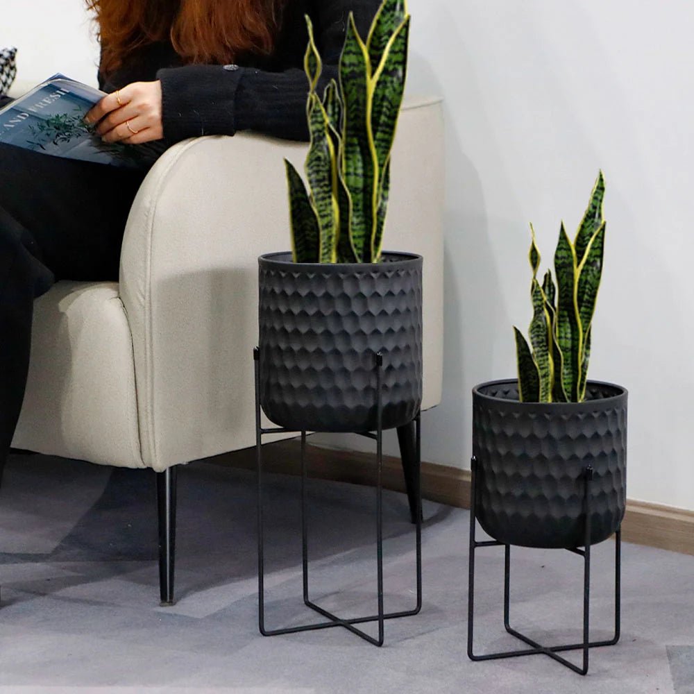 Tall Metal Flower Pot With Stand (Black) - The Coral Palm LLC