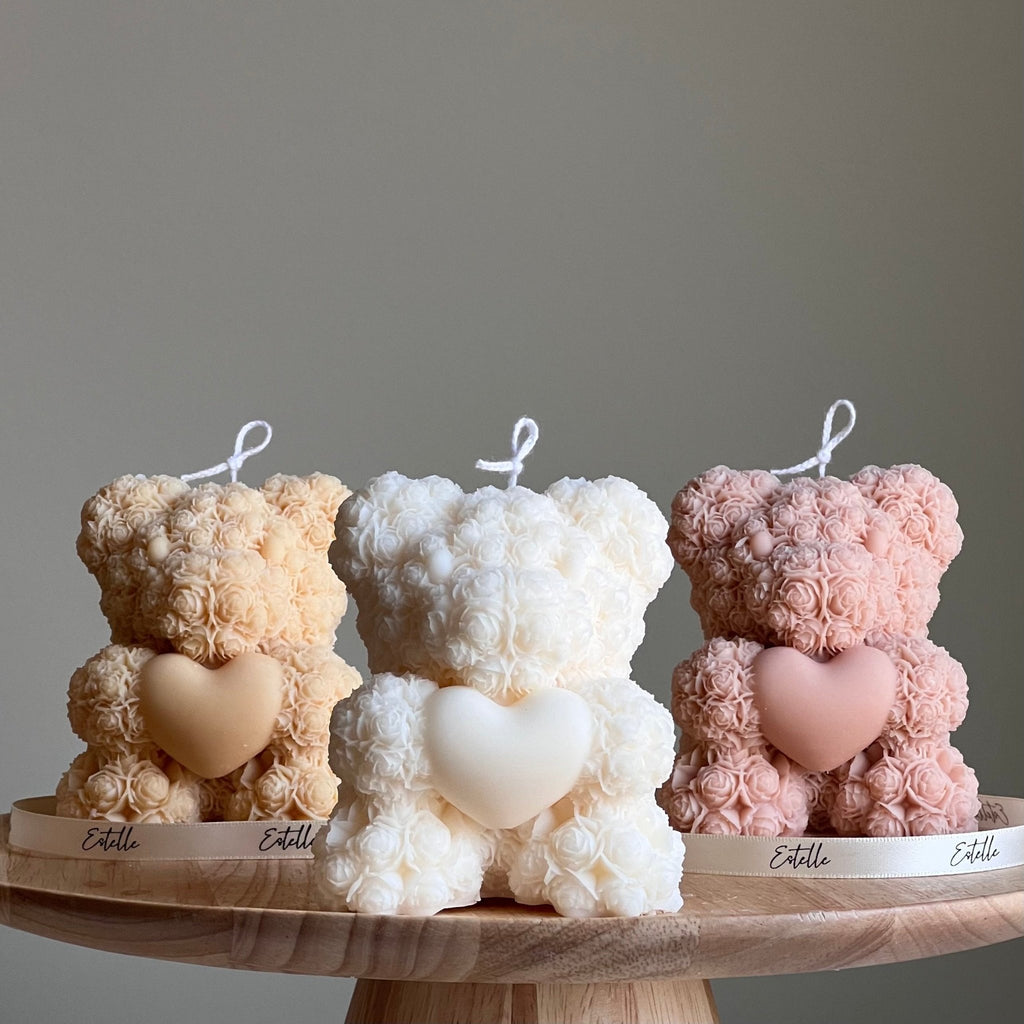Teddy Bear Heart Candle: Sculptural Soy Wax Pillar - The Coral Palm LLC