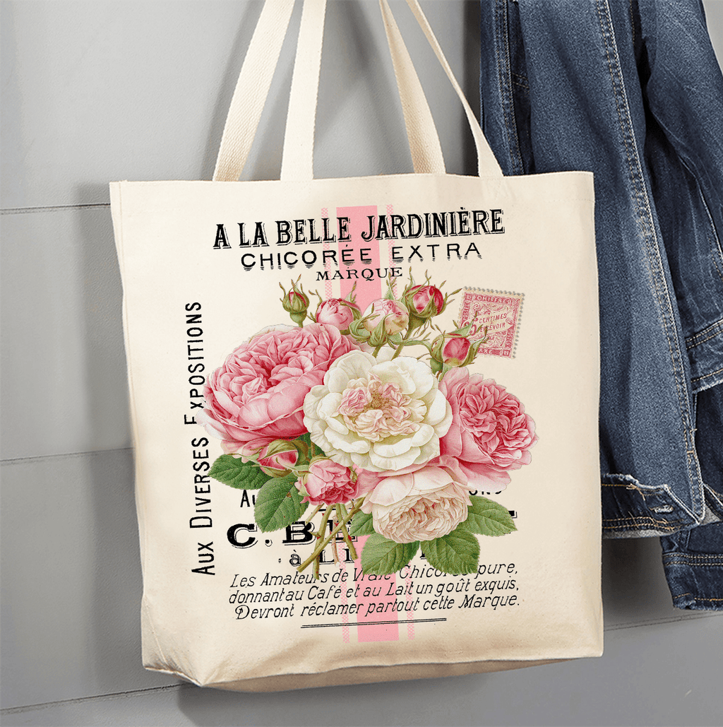 Vintage Shabby Chic French Roses Canvas Tote Bag - The Coral Palm LLC