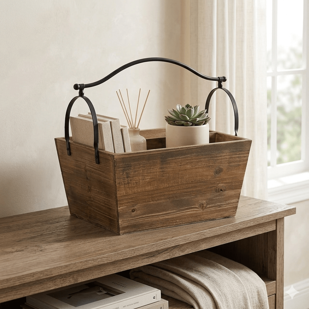 Wood Basket with Metal Handle - The Coral Palm LLC